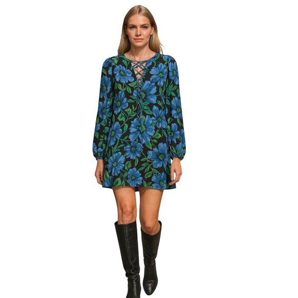 Mango Floral Long Sleeve Mini Dress XS NWT Black Blue Green - Picture 1 of 6